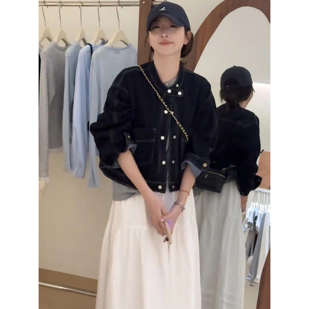 法国gentle motto美式短款复古蓝色牛仔外套女春季新设计感小个子