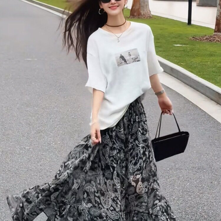 日系CherryKoko韩系印花T恤+腰果花半身裙套装女2026夏季新款气质