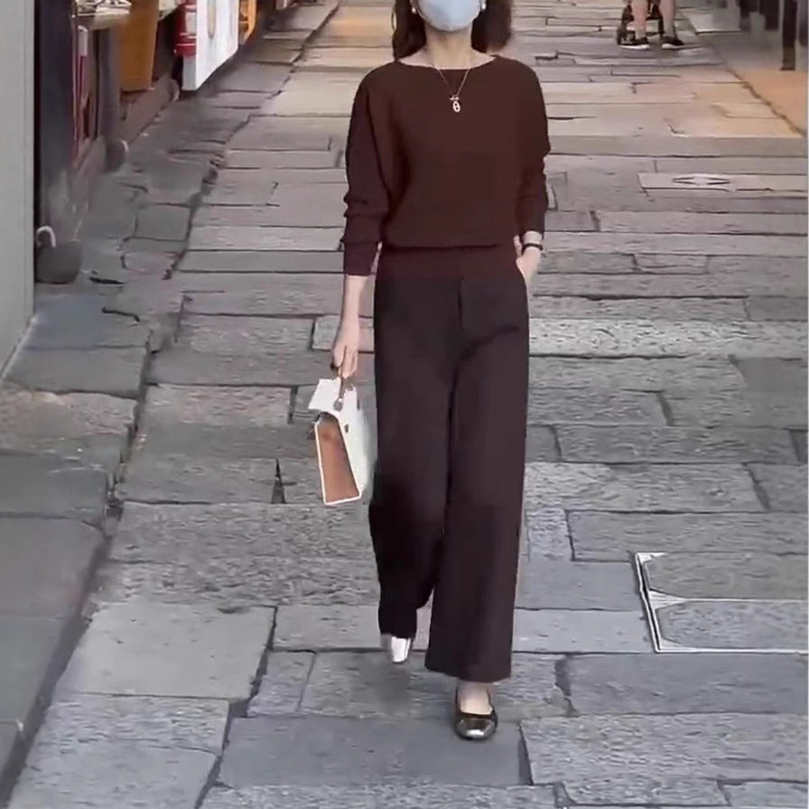 日系gentle motto秋季新款长袖色上衣高腰阔腿裤时尚显瘦女