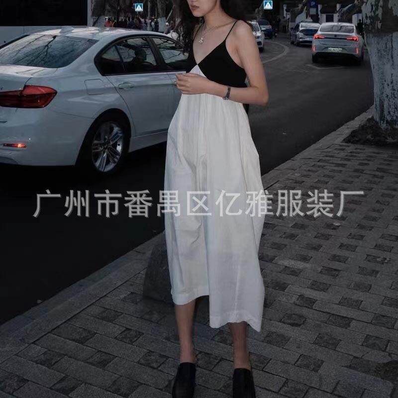 法国chrry koop法式复古无袖吊带裙夏季v领气质长裙黑白拼色度假