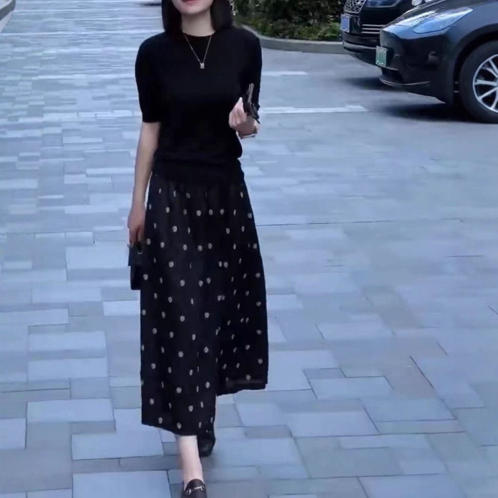日系gentle motto夏季新法式简约圆领短袖t恤高腰波点半身裙女