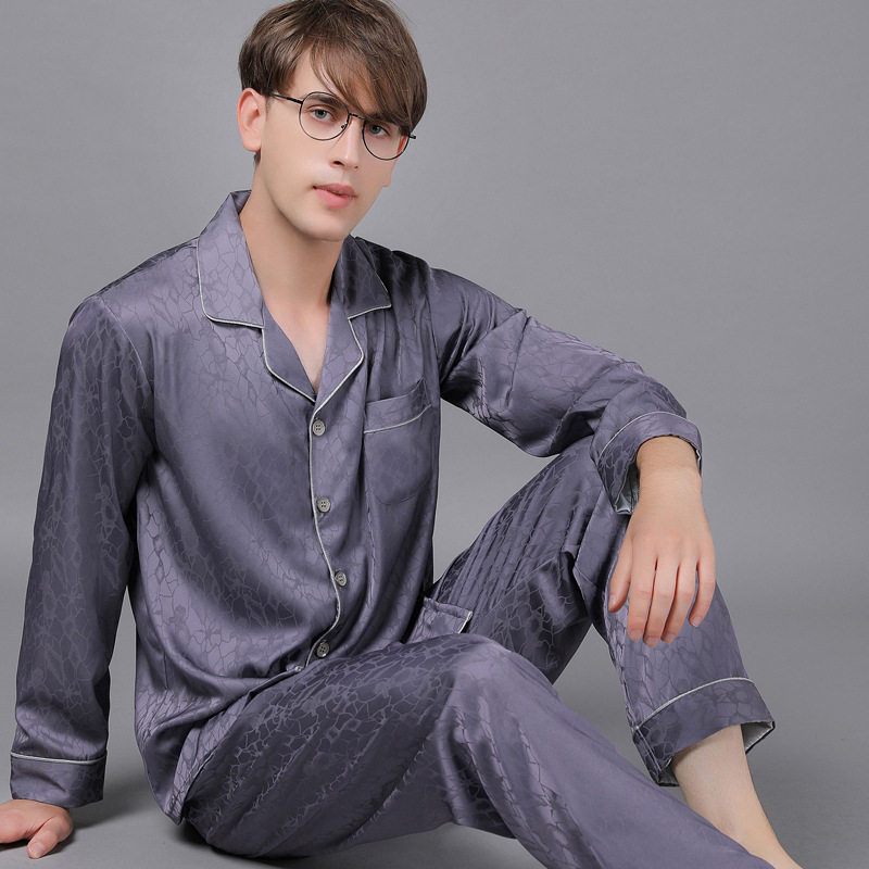 法国gentle motto长袖男春秋睡衣丝绸薄款男款冰丝家居服套装