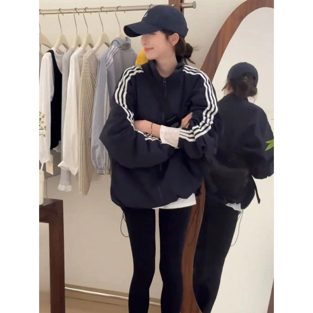 法国gentle motto美式立领条纹冲锋衣外套女春季新宽松设计感百搭