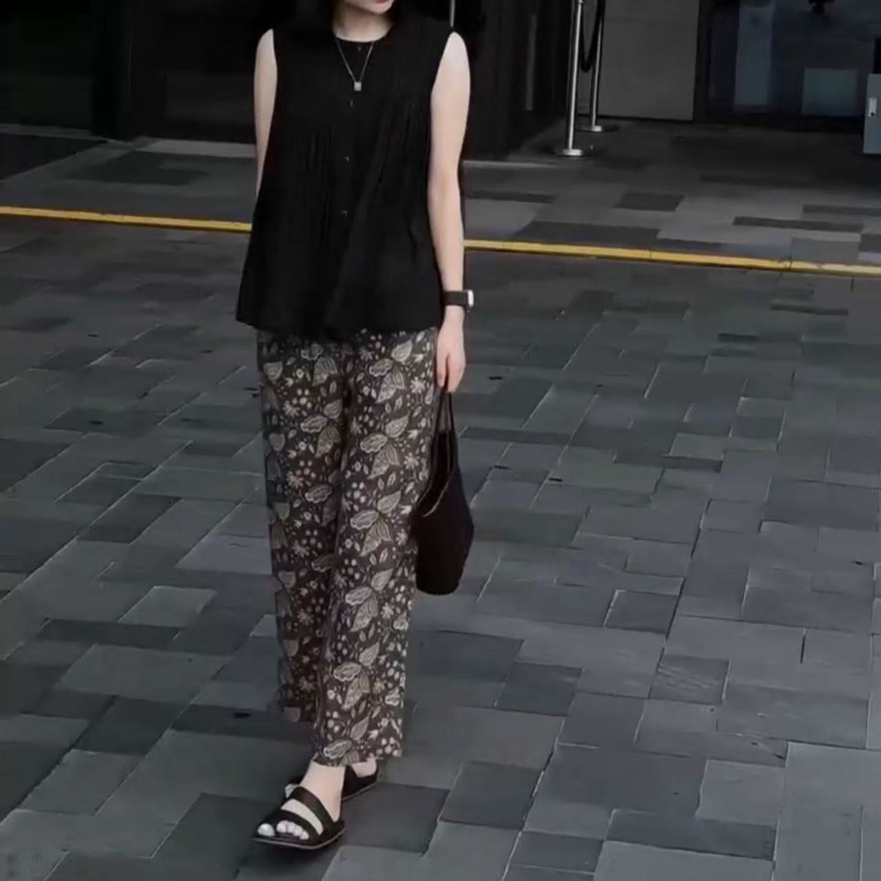 日系gentle motto夏季新款无袖压褶宽松上衣印花直筒裤潮