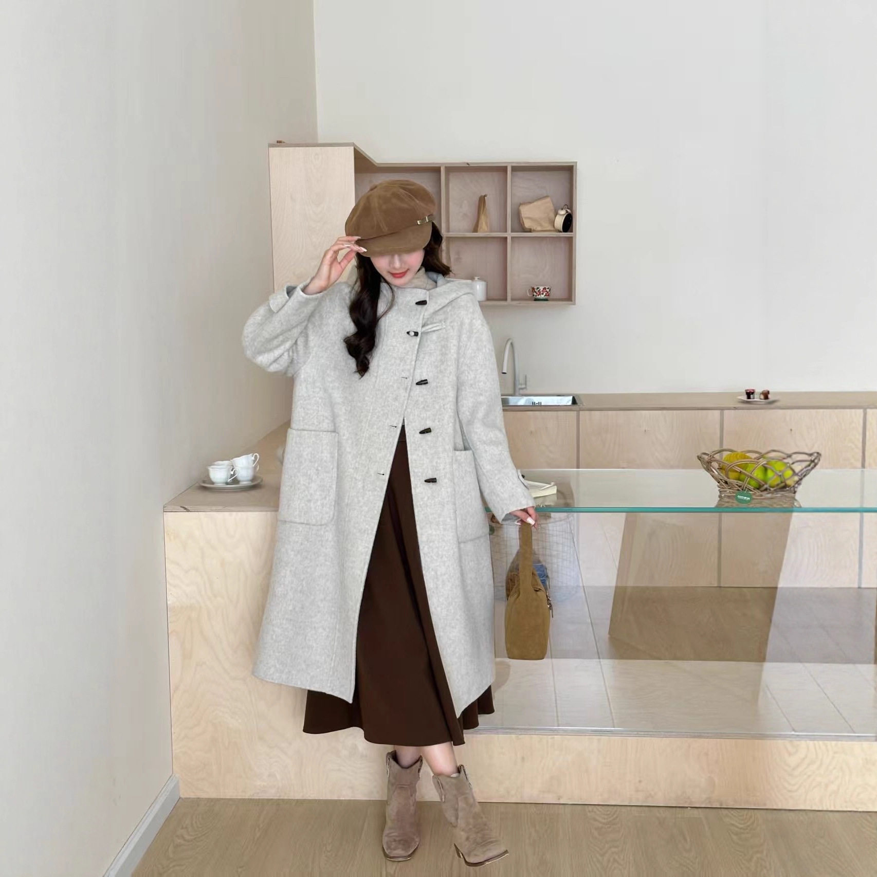 法国chrry koop牛角扣连帽双面羊毛大衣 单排扣中长款加厚保暖