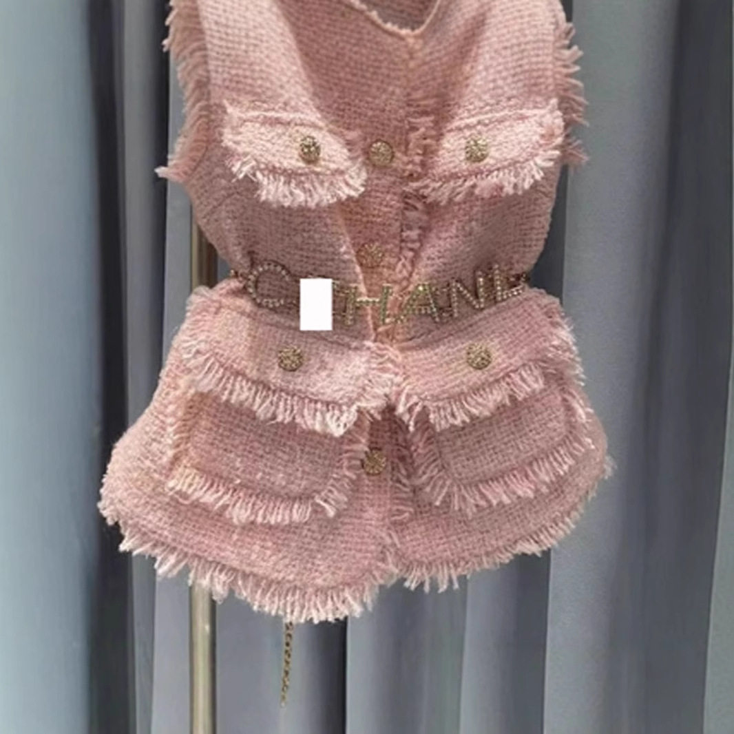法国chrry koop欧货名媛私服粉色流苏小香风马甲女款新款秋冬叠穿