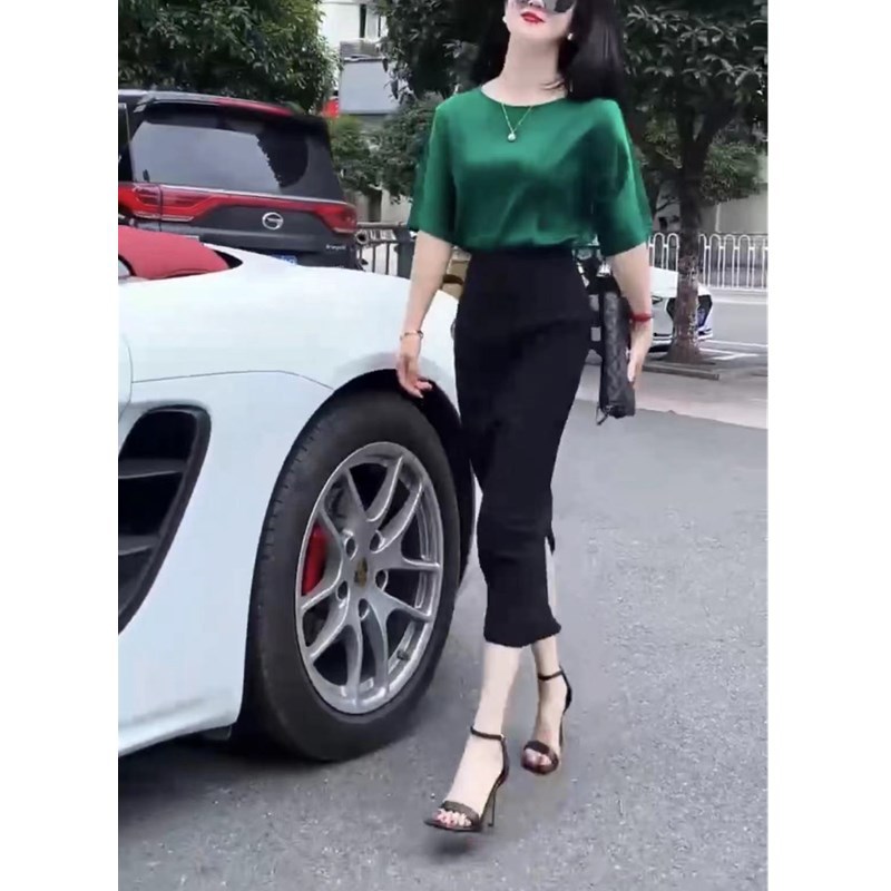 日系gentle motto夏季新款绿色净版打底衫高腰半身后开叉裙女