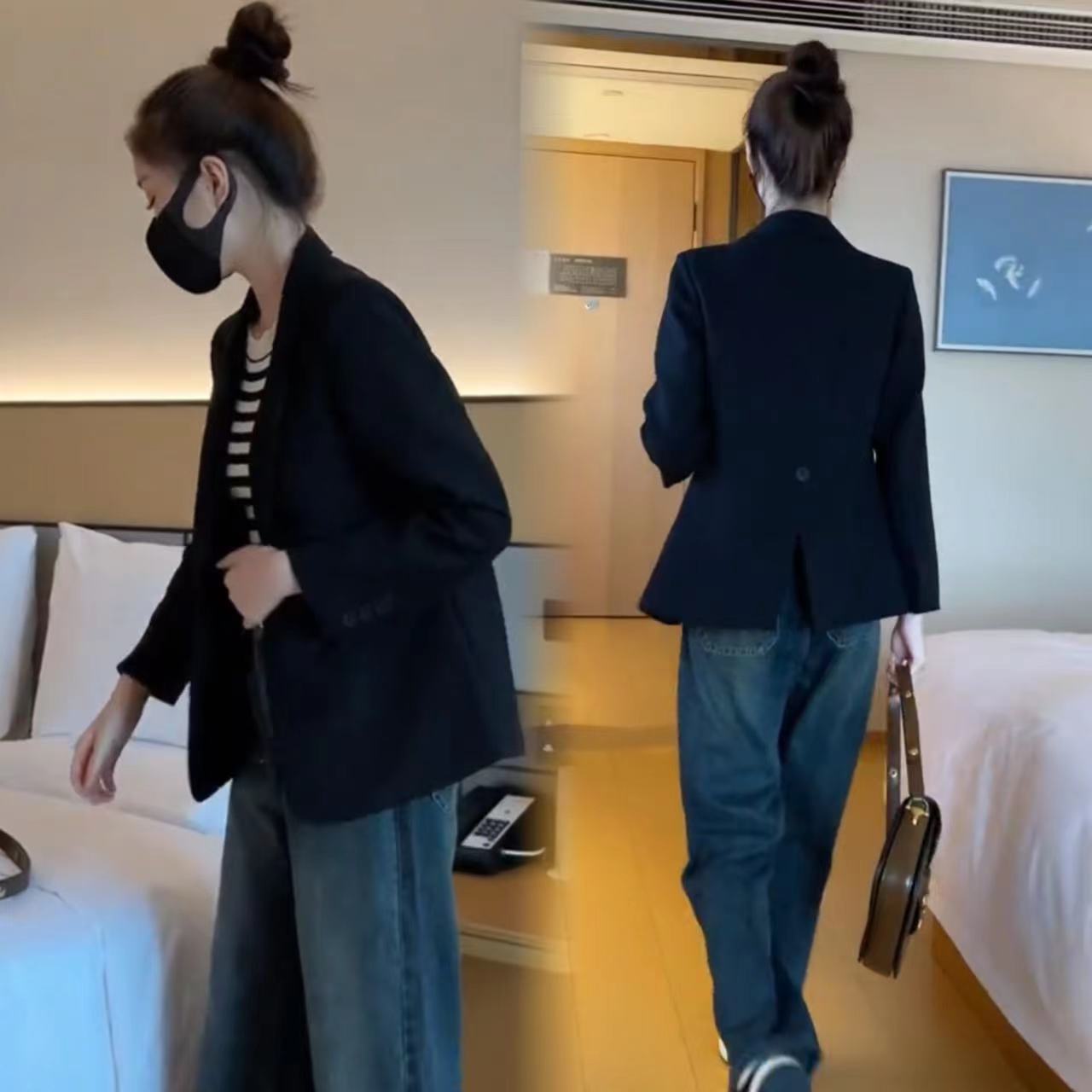 日系cherrykoko咖色西装外套女春秋新款气质宽松高级设计感后开叉