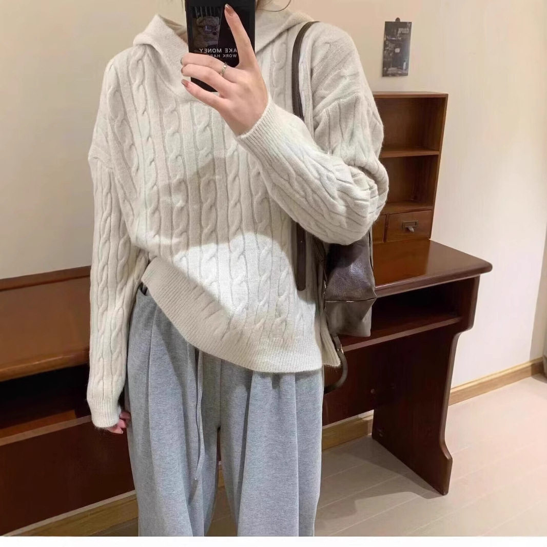 法国Gentle Motto100羊毛连帽针织衫女冬休闲慵懒麻花帽衫毛衣