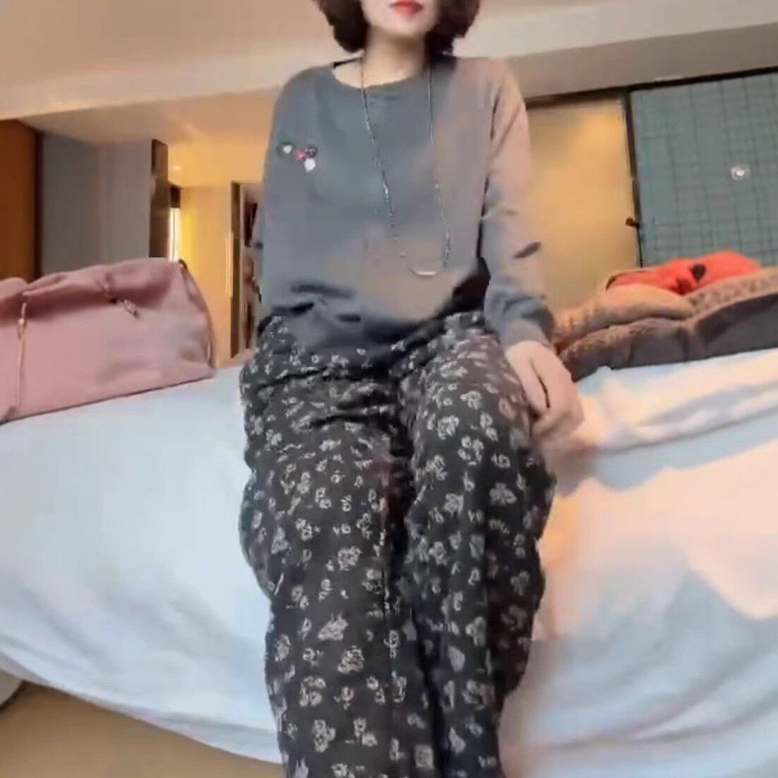 日系gentle motto春季新款长袖单排扣开衫印花阔腿裤女潮
