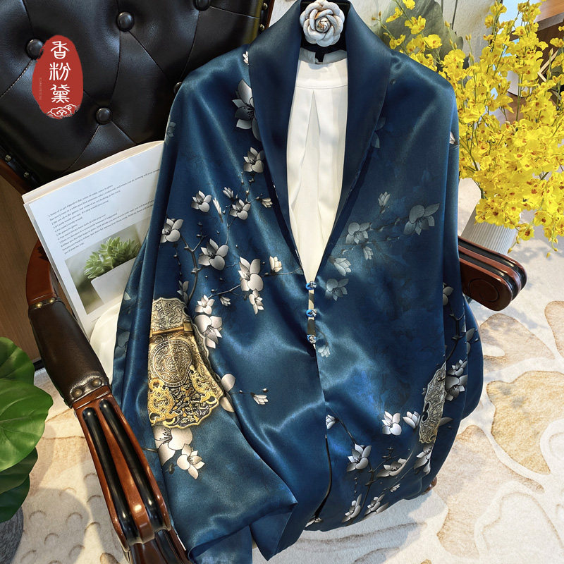 高端民族风双层真丝丝巾女桑蚕丝旗袍盘扣披肩送妈妈长辈节日礼物