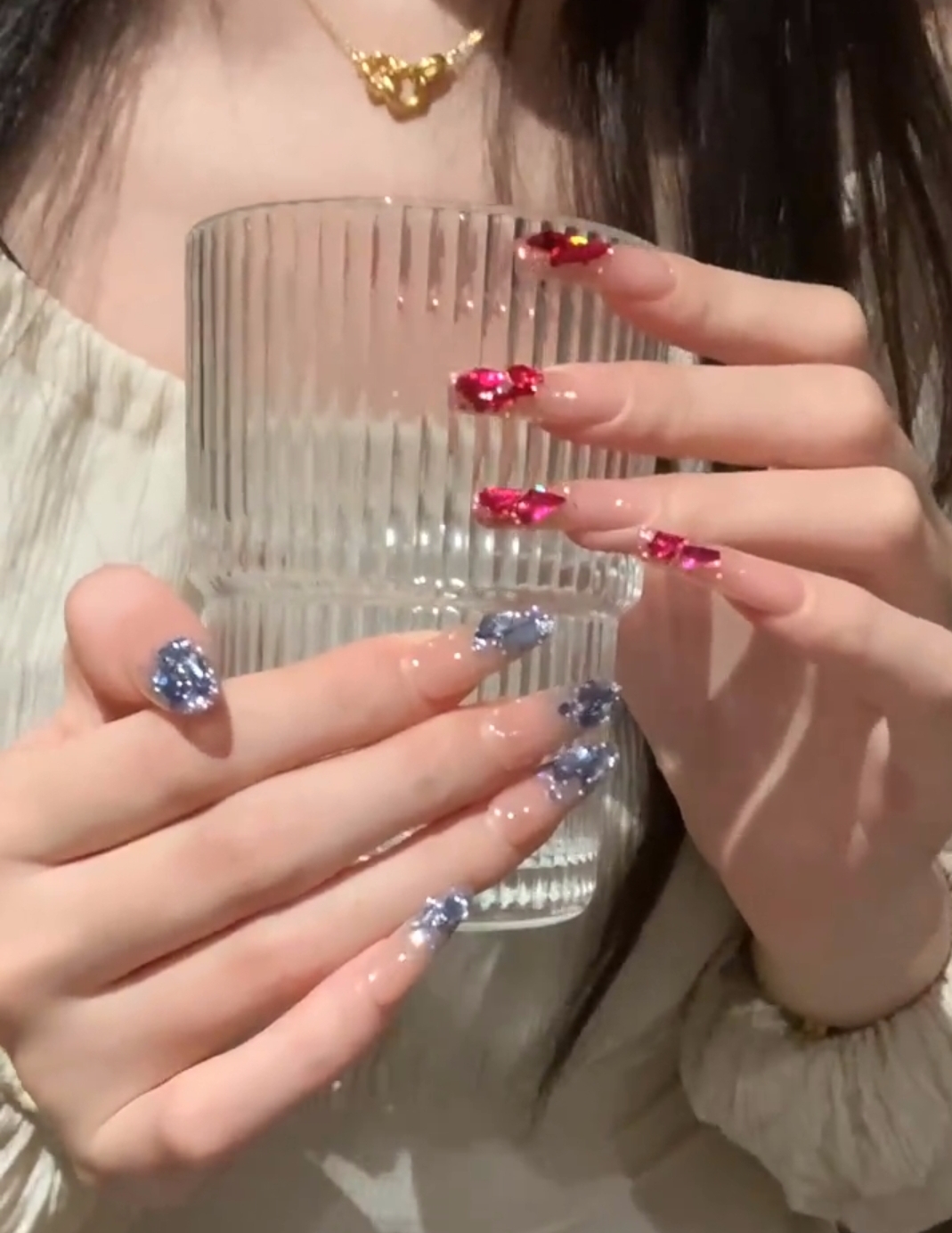 fairy冰蓝k9钻爆闪百搭蓝色玫红色手工光疗穿戴美甲成品假指甲贴