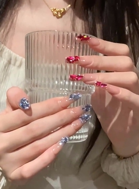 fairy冰蓝k9钻爆闪百搭蓝色玫红色手工光疗穿戴美甲成品假指甲贴