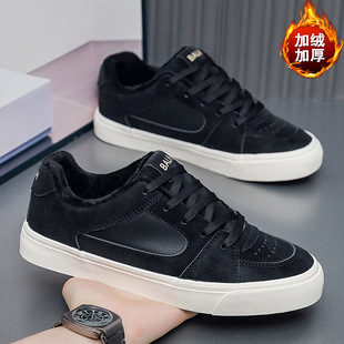 黑面白底加绒男鞋2025新款秋冬鞋子男款黑色休闲板鞋男士运动平底