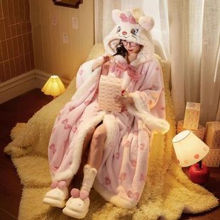 珊瑚绒睡衣睡袍治愈加厚猫耳kt宫蝶玛丽萌宠毛茸茸新款套装甜美