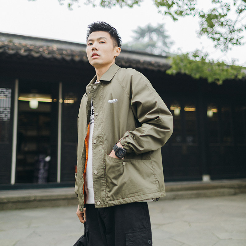 吕小虎春季美式复古教练夹克男2020潮牌运动插肩袖男士翻领外套潮