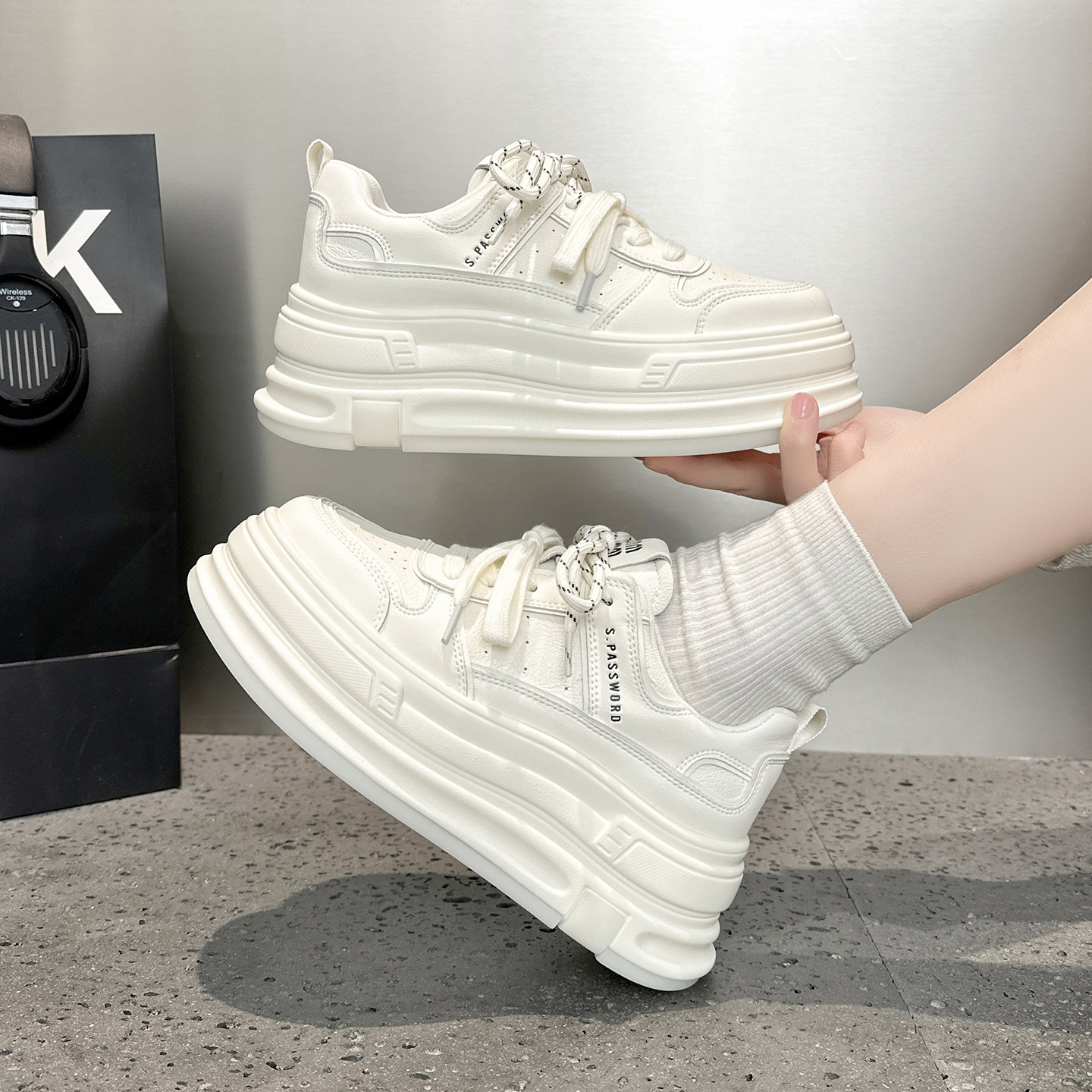 欧洲站双鞋带小白鞋女2026春季新款百搭真皮厚底松糕增高休闲板鞋,女鞋,休闲板鞋,淘宝优惠券,粉丝福利购,淘宝优惠卷