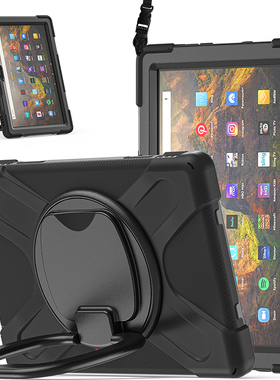 适用于2021亚马逊Fire HD10保护套防摔HD10Plus11th全包边软壳硅胶平板电脑10.1寸手环360旋转横竖支架挂肩绳