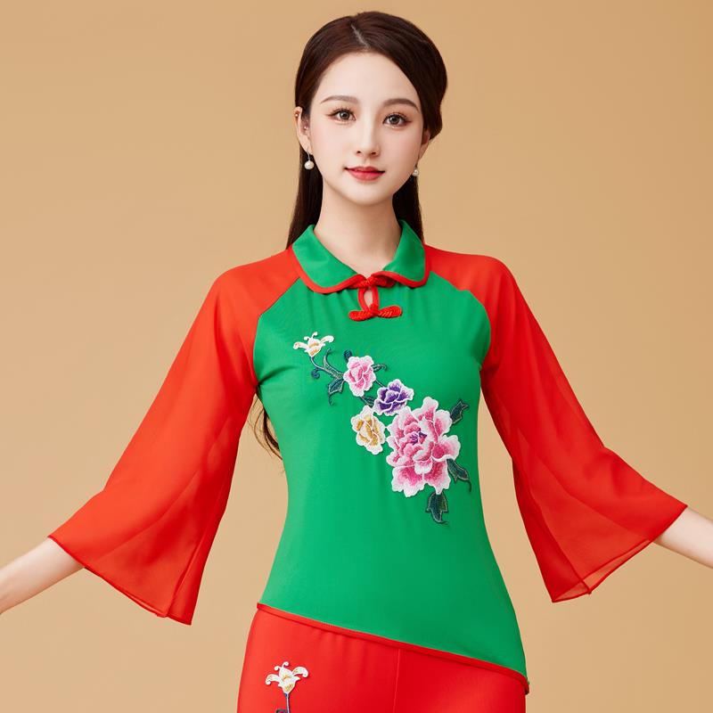 特价吉美春季广场舞服装新款阔腿裤套装刺绣民族风秧歌舞喜庆舞台