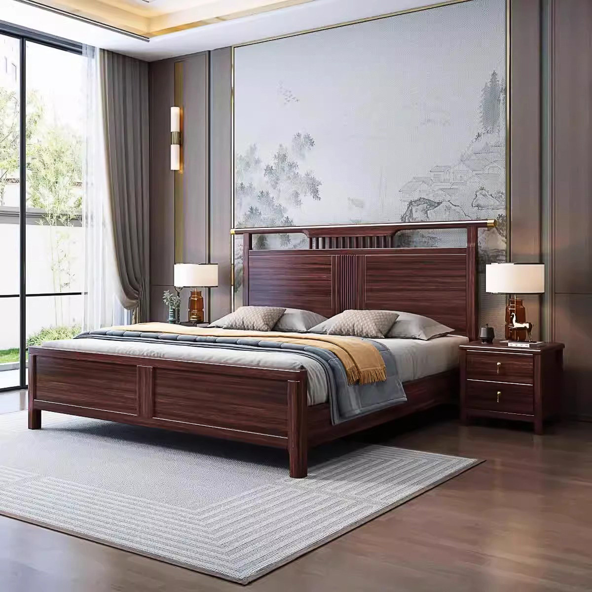 新中式乌金木1.8米双人主卧大床全实木1.5米现代简约高箱储物床