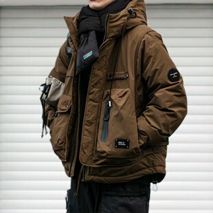 冬季工装连帽羽绒服男潮牌宽松户外多口袋机能90白鸭绒保暖外套潮