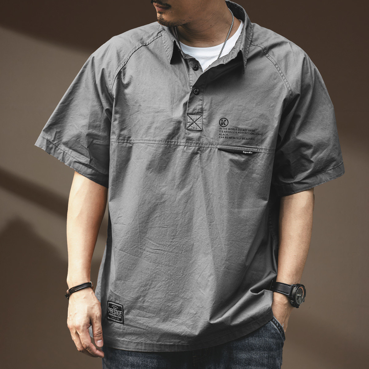 美式休闲高端纯棉工装Polo衫男夏季宽松衬衣男士复古短袖体恤衬衫