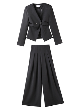 黑色高级感通勤风V领外套直筒型阔脚长裤套装HBZC641071 nnassa