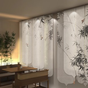 茶b室半透卷帘屏风中国风山水画电动软隔断窗帘遮光挂式 优选式 纱.