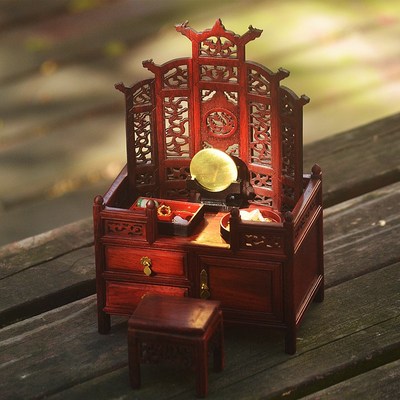 优选雕工艺品摆件明清微r缩家具模型红酸枝迷你梳妆台古典娃娃.