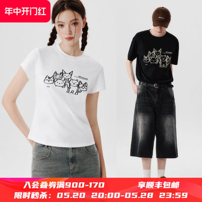 PSO Brand 短袖夏季可爱涂鸦小猫印花t恤男生潮牌校园情侣装上衣
