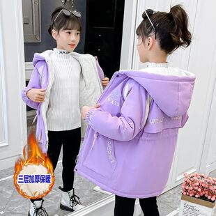 女童2025新款加绒刺绣冬装外套派克服连帽收腰中长款加棉修身厚款