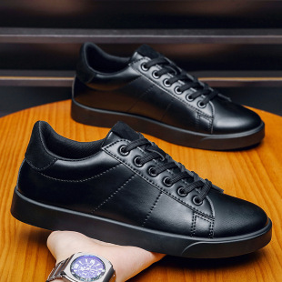 子男防水透气小黑鞋 纯黑色板鞋 休闲皮鞋 2026新款 简约商务平底 男士