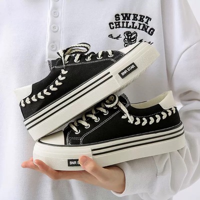 帆布鞋女鞋2025新款爆款夏季厚底休闲运动黑色板鞋春秋百搭小白鞋