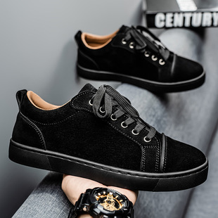 子男运动工作鞋 绒面纯黑色板鞋 青年潮流百搭休闲鞋 新款 男2026春季