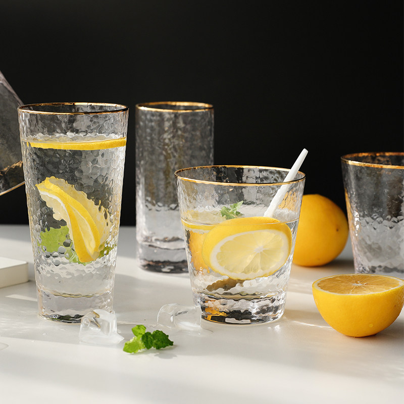 日式金边玻璃杯创意锤纹耐热水杯套装家用啤酒杯透明果汁网红杯子