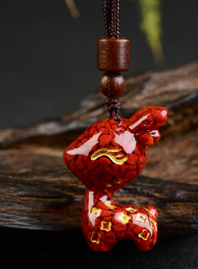 晶体砂朱砂小鹿吊坠烫金版梅花鹿吊坠男女款朱砂小鹿钥匙扣礼物