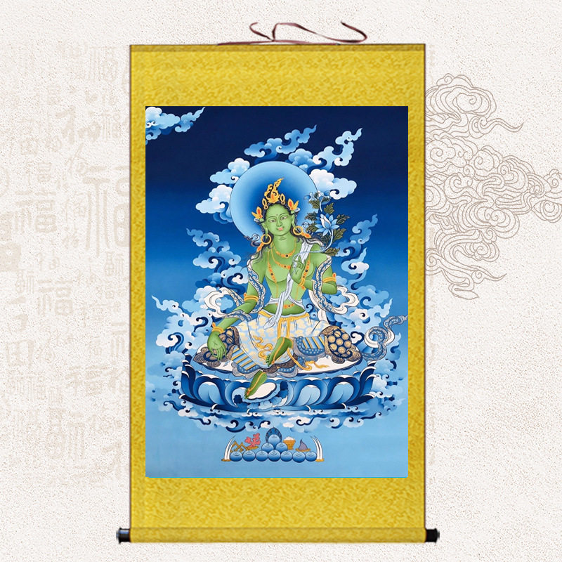 绿度母唐卡挂画救八难热贡庇佑女性儿童客厅丝绸卷轴画藏式装饰画