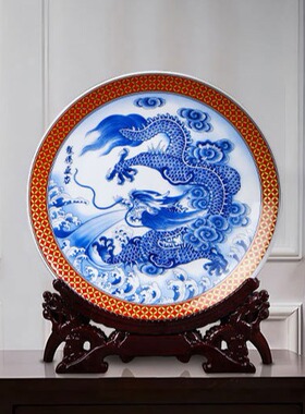 景德镇陶瓷器青花瓷盘中式家居挂盘客厅玄关电视柜办公室装饰摆件