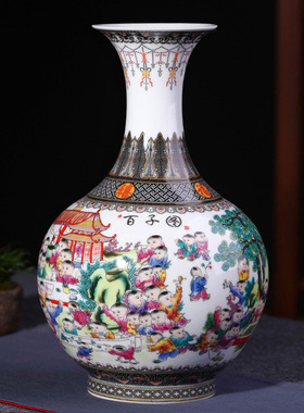 景德镇陶瓷器花瓶摆件客厅插花百子图薄胎瓷瓶中式家居装饰工艺品