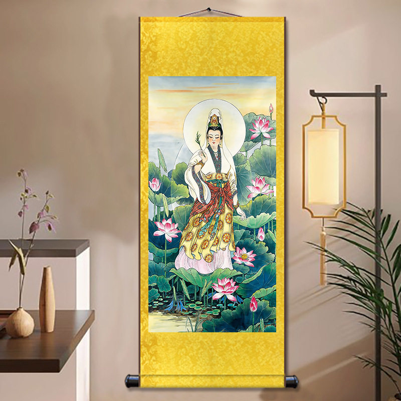 观音菩萨画像滴水观世音佛像画佛堂丝绸卷轴挂画书法玄关