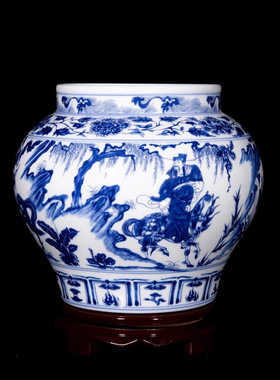 景德镇青花瓷聚宝盆新中式青花鬼谷子下山摆件中式家居工艺装饰品