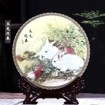 景德镇陶瓷装饰坐盘10寸夜光花开富贵装饰礼品摆盘中式纪念挂盘
