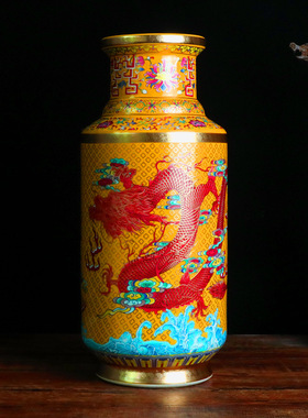 仿古瓷珐琅彩中式家居玄关花瓶装饰摆件博物展厅红黄蓝龙纹爆竹瓶