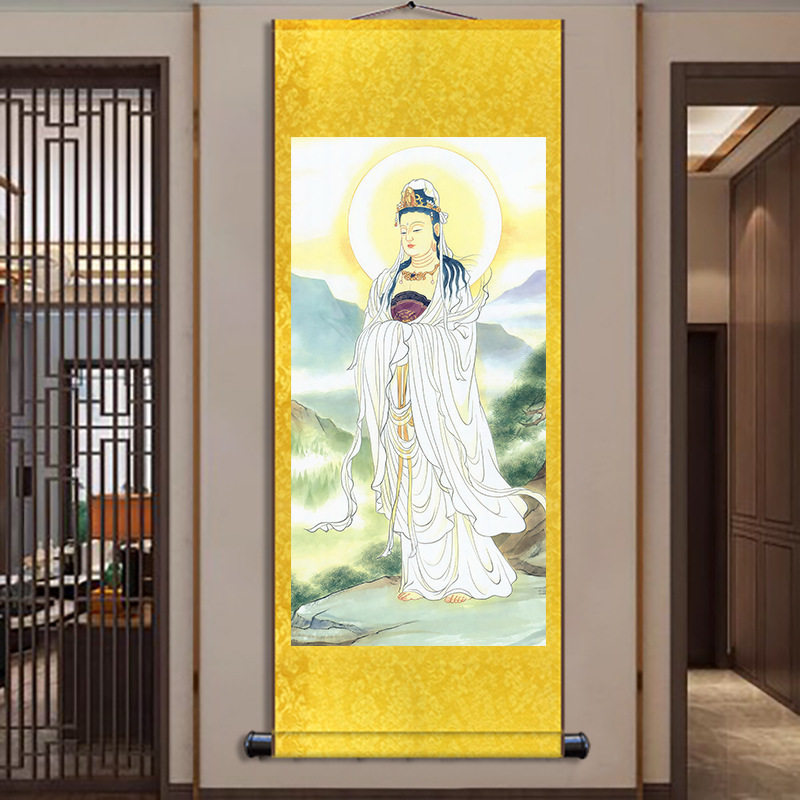 观音菩萨画像滴水观世音佛像画佛堂丝绸卷轴挂画书法玄关