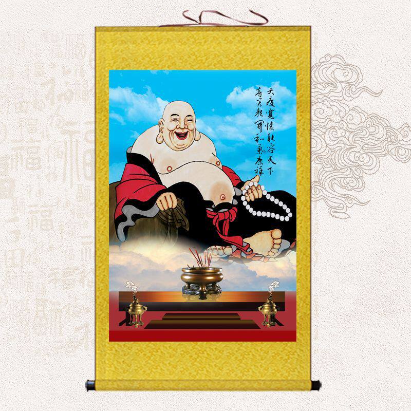 大肚弥勒佛画像挂画 笑口常开佛像卷轴画 供奉玄关客厅风水装饰画