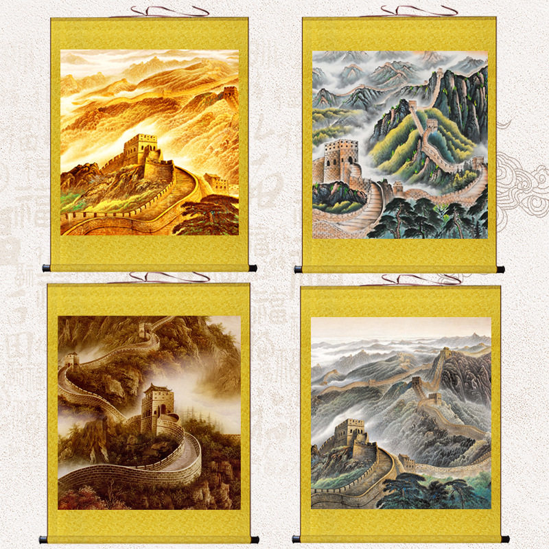 国画金色万里长城卷轴画中式靠山图风水装饰画办公室客厅丝绸挂画