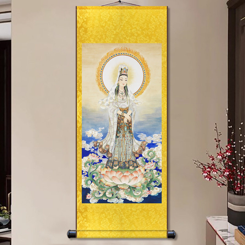 观音菩萨画像滴水观世音佛像画佛堂丝绸卷轴挂画书法玄关