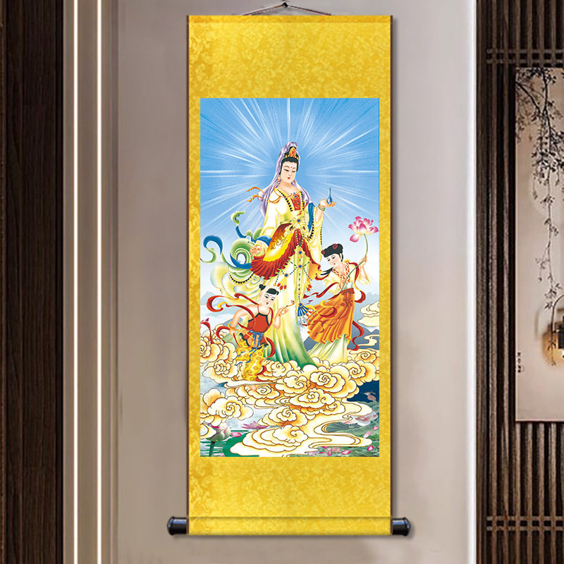 观音菩萨画像客厅卷轴挂画新中式装饰画工笔画工艺国画挂轴