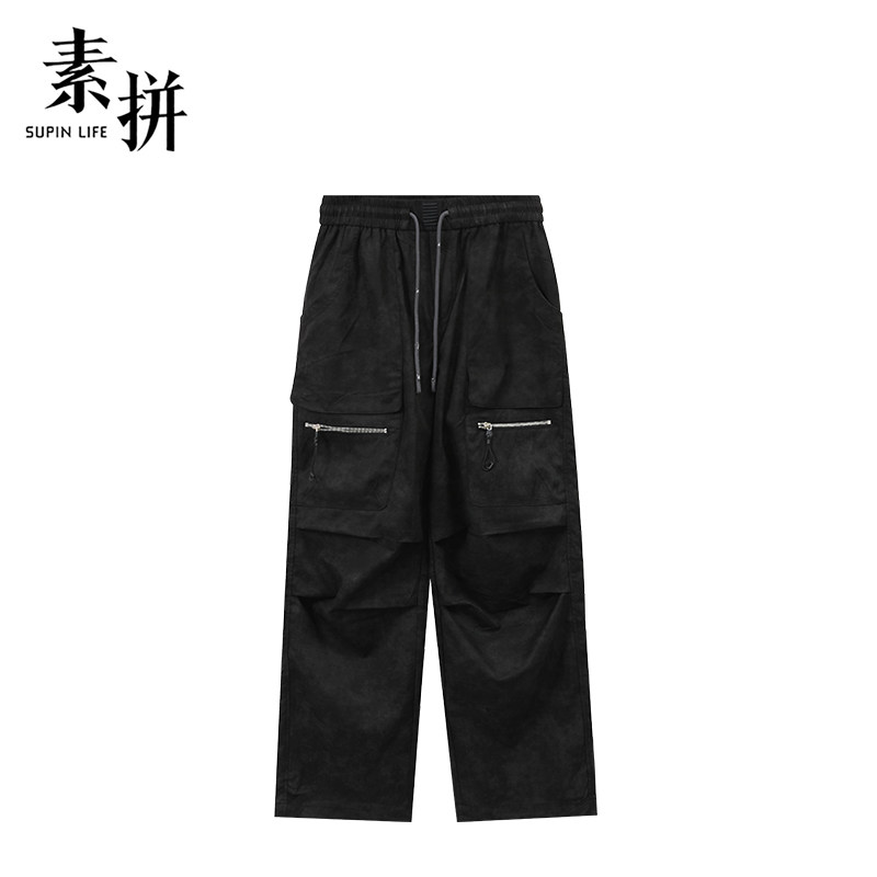 素拼男装春季男士宽松直筒长裤百搭工装裤口袋美式潮牌休闲裤