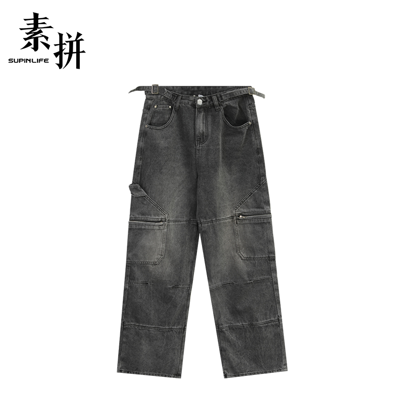 素拼男装夏季男士宽松休闲直筒水洗多口袋牛仔裤SPBZK523036AM